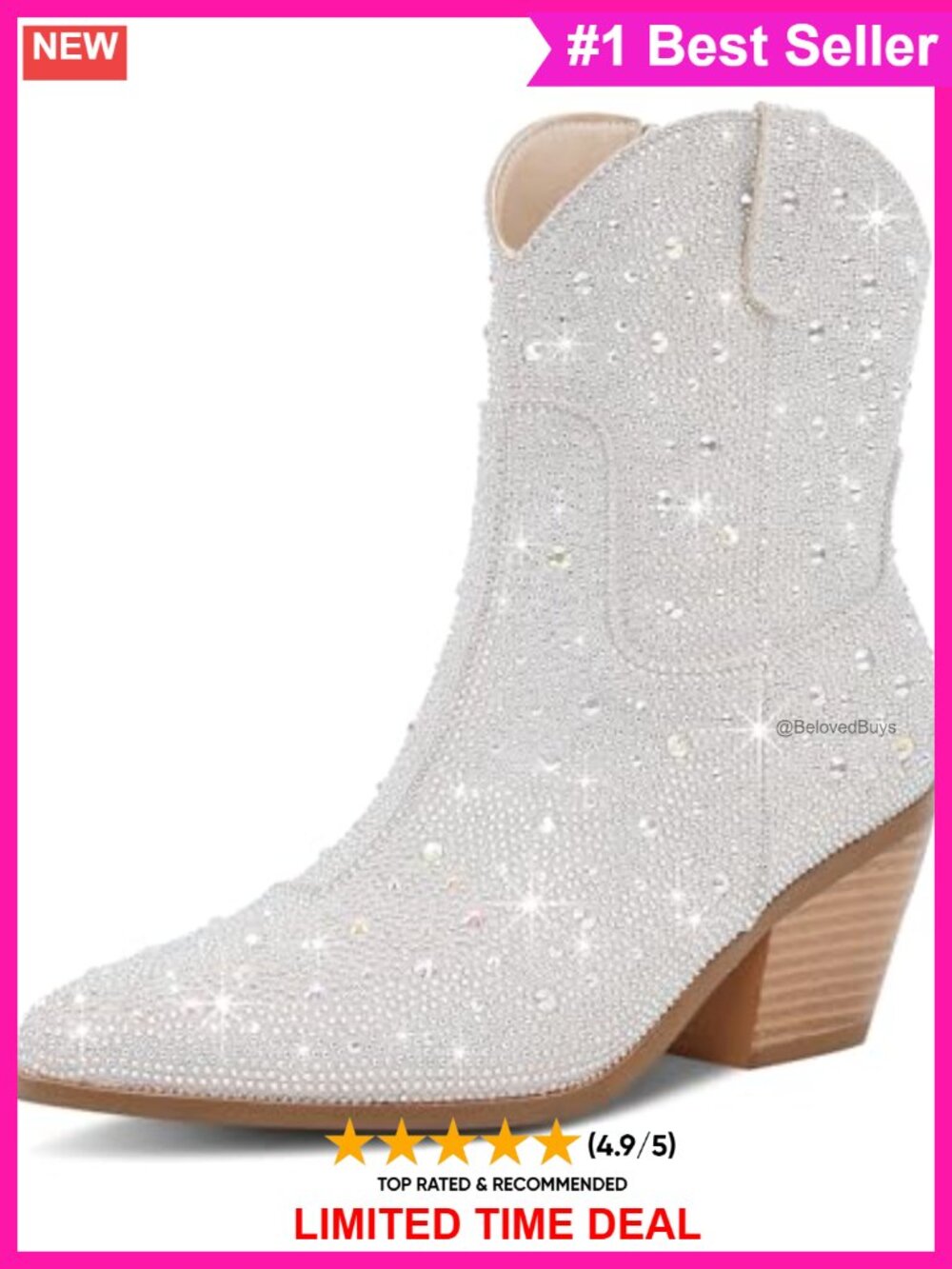 Rhinestone Cowboy Ankle Boots Faux Leather Pointed Toe Block Heel
